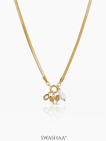 Dreamscape Bow & Pearl Charms
 Snake Chain 18K Gold Plated Women's Necklace