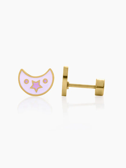 Dreamy Luna Moon Star Charm 18K Gold Plated Kid's Stud Earrings