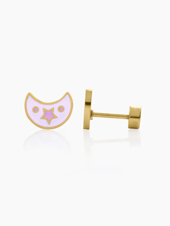 Dreamy Luna Moon Star Charm 18K Gold Plated Kid's Stud Earrings