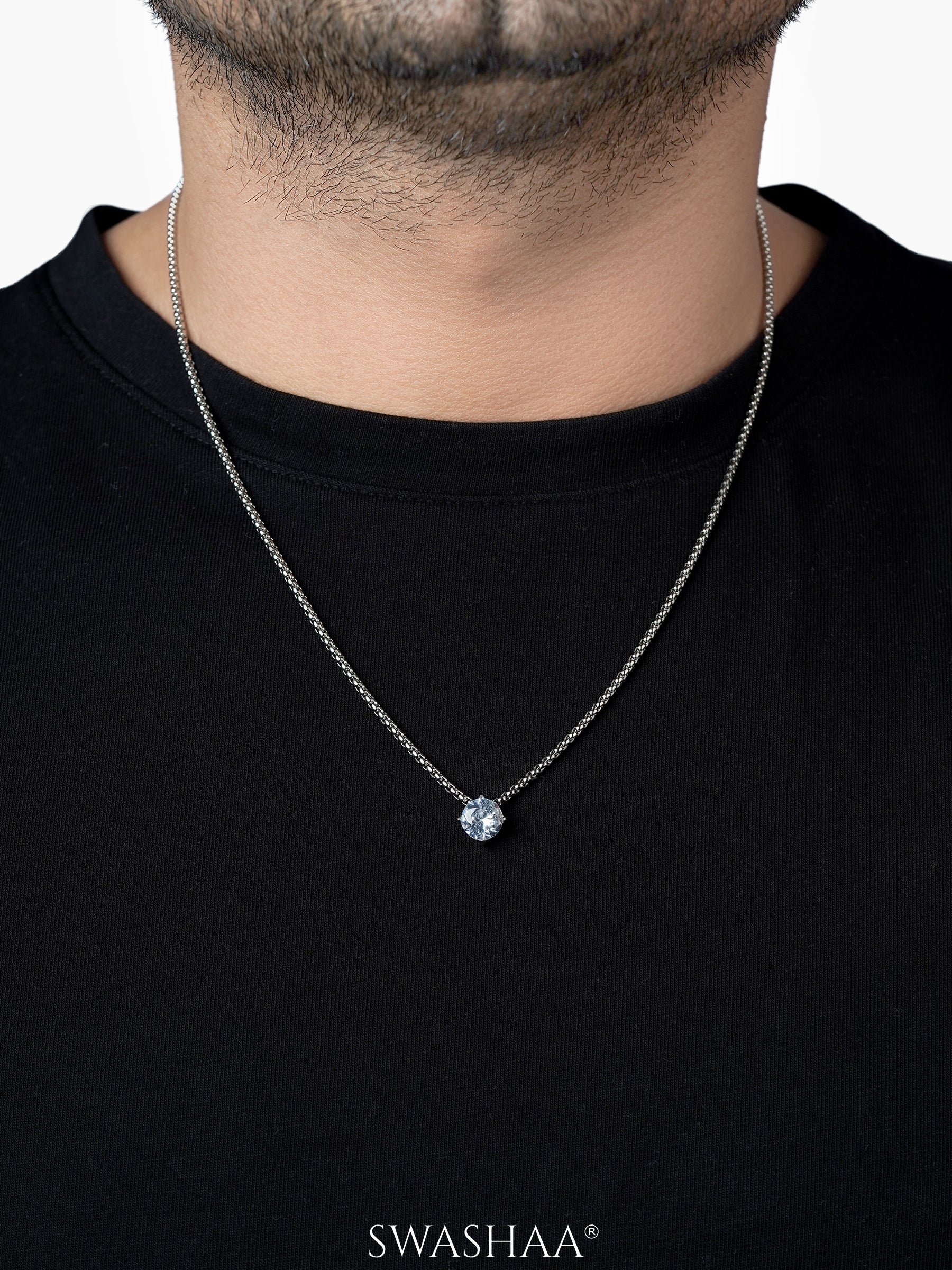 Drevan Diamond Solitaire Silver Men's Chain Pendant