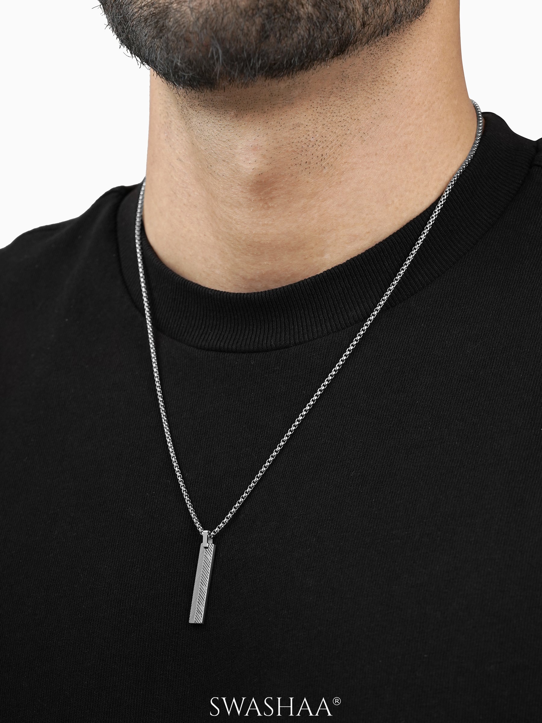 Drift Textured Bar Silver Men's Chain Pendant