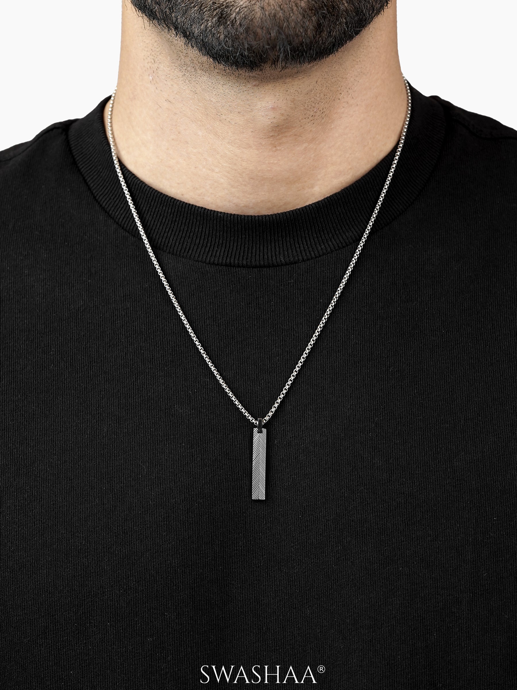 Drift Textured Bar Silver Men's Chain Pendant
