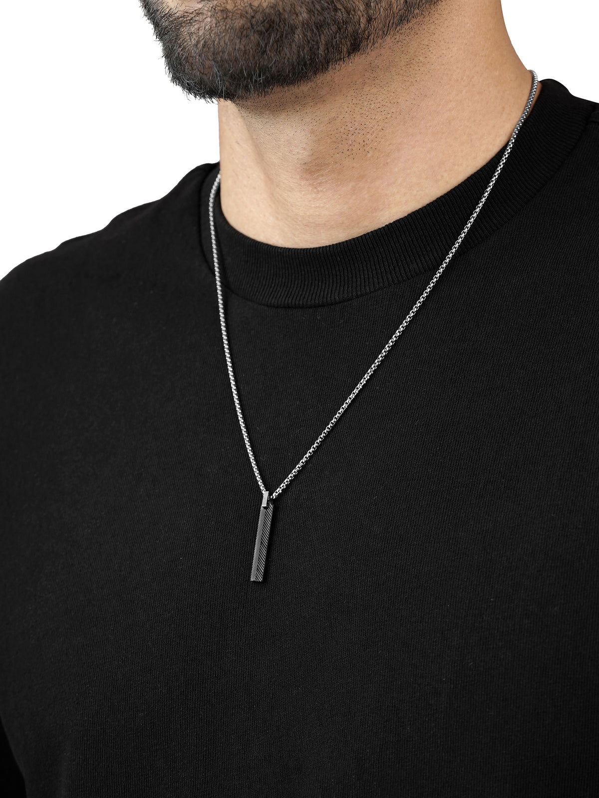 Drift Textured Bar Black Silver Men's Chain Pendant