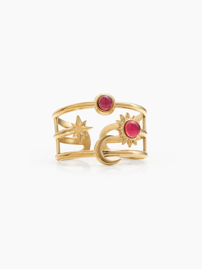 Dulora Red Sun Moon Star Charms 18K Gold Plated Women's Ring
