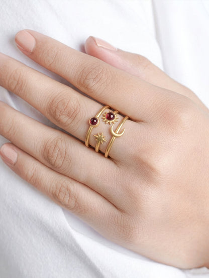 Dulora Red Sun Moon Star Charms 18K Gold Plated Women's Ring