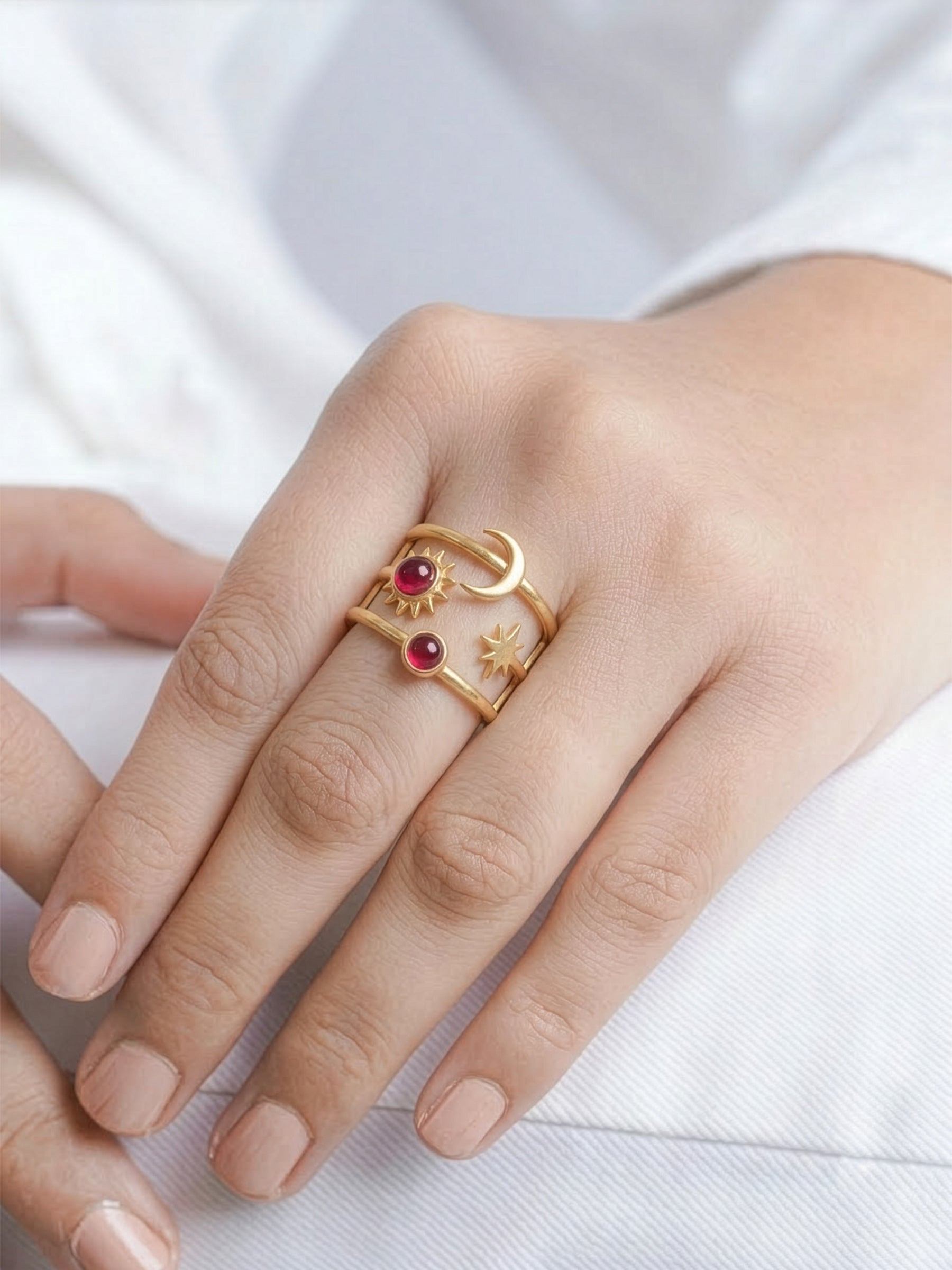 Dulora Red Sun Moon Star Charms 18K Gold Plated Women's Ring