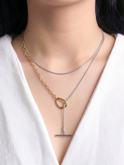 Eira Double Layered 18K Gold-Silver Two-Tone Toggle Clasp Chain Pendant Necklace