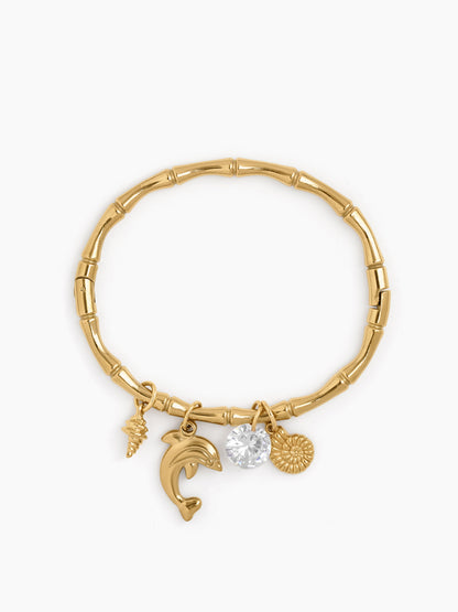 Elara Dolphin Motif, Shell Accents, Sparkling Drop Charms 18K Gold Tone Plated Women's Band Bracelet