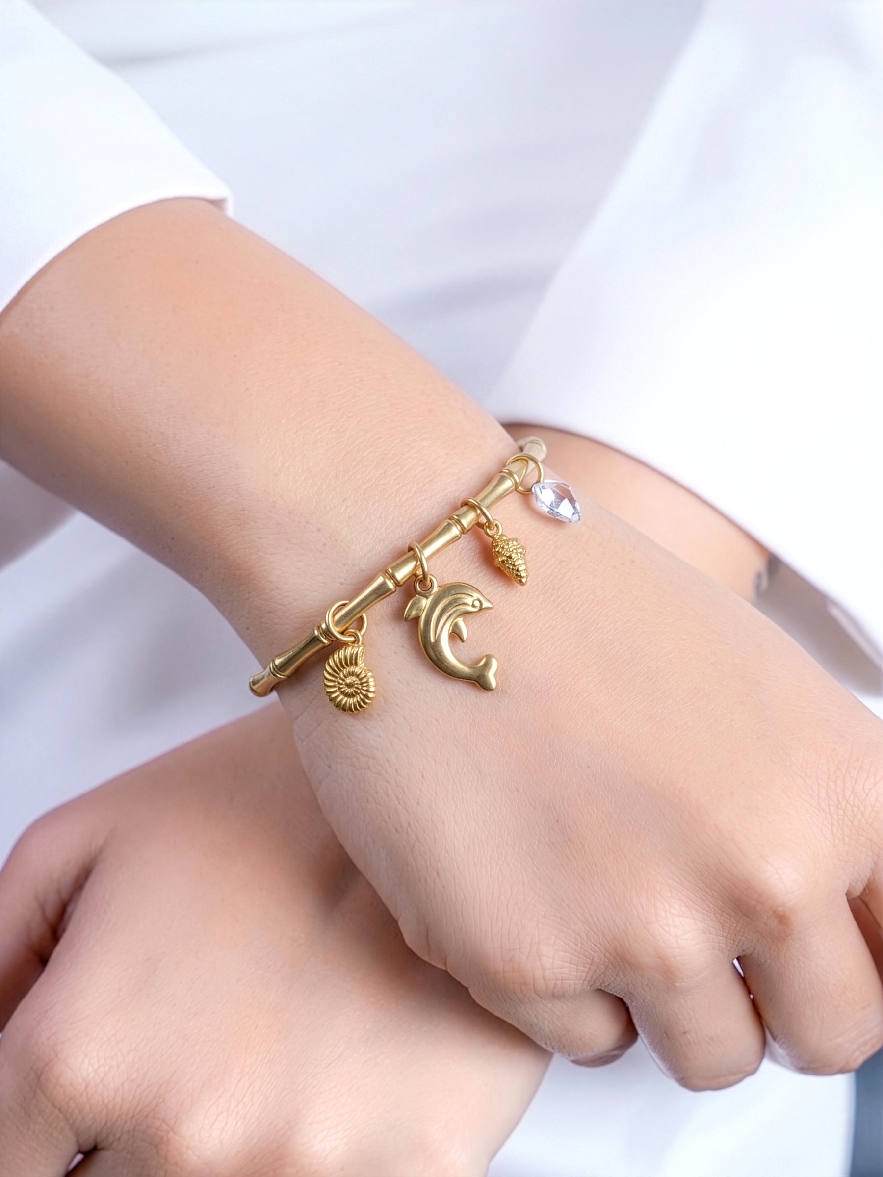 Elara Dolphin Motif, Shell Accents, Sparkling Drop Charms 18K Gold Tone Plated Women's Band Bracelet