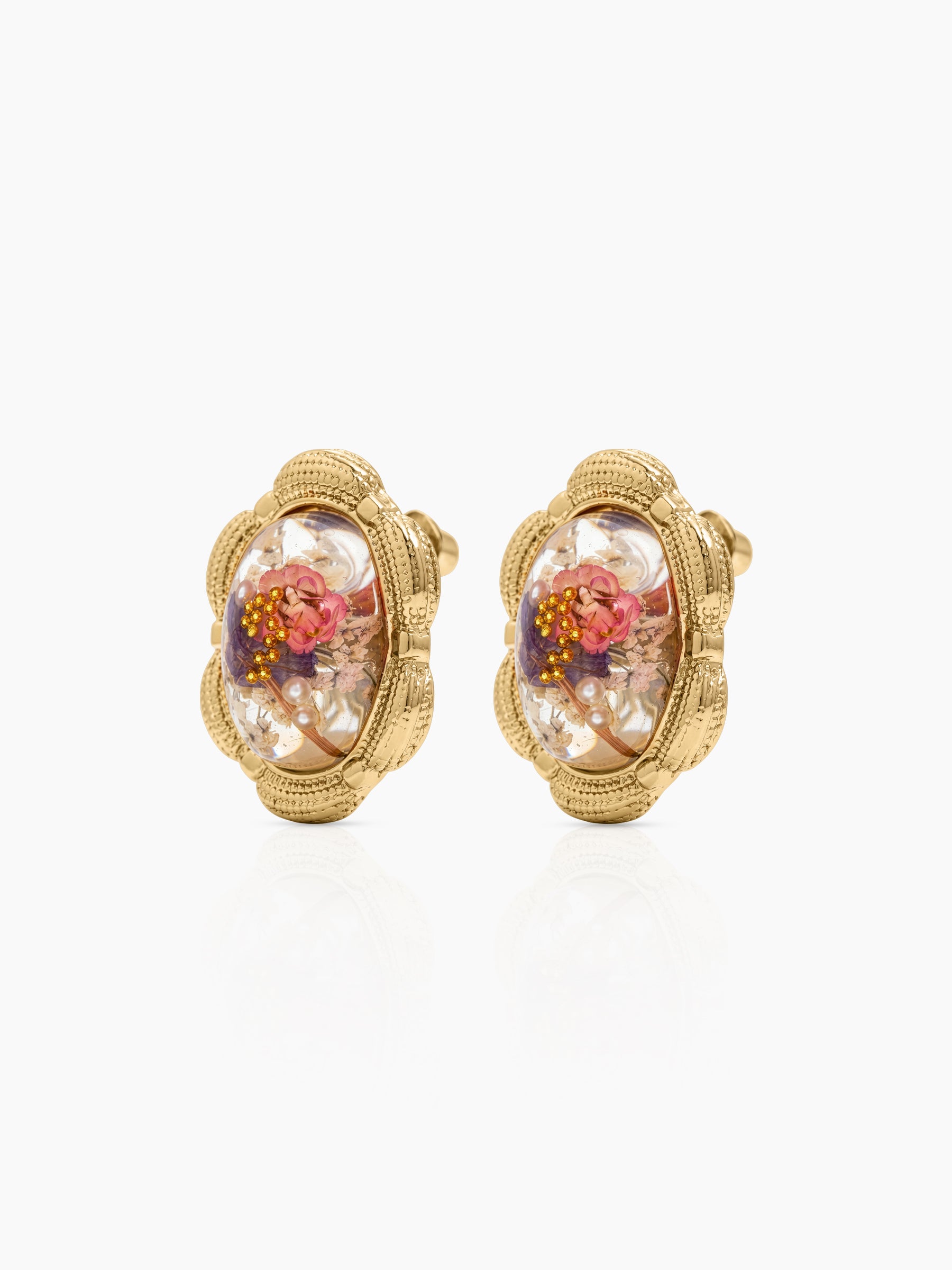 Elarose White Oval Resin Floral 18K Gold Plated Women's Stud Earrings