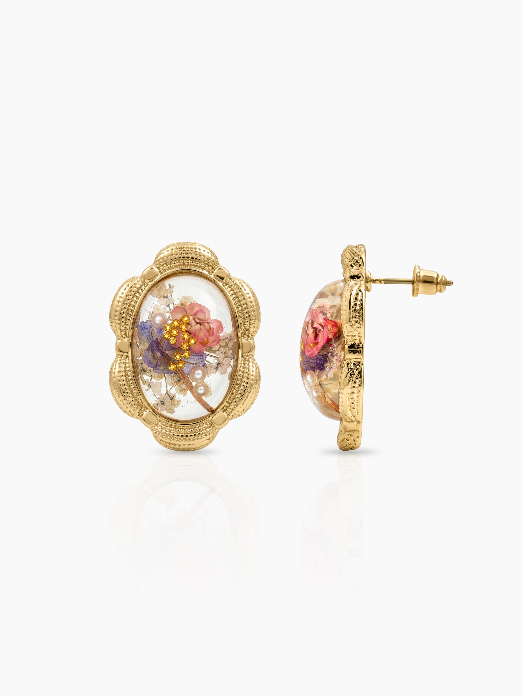 Elarose White Oval Resin Floral 18K Gold Plated Women's Stud Earrings