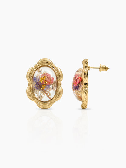 Elarose White Oval Resin Floral 18K Gold Plated Women's Stud Earrings