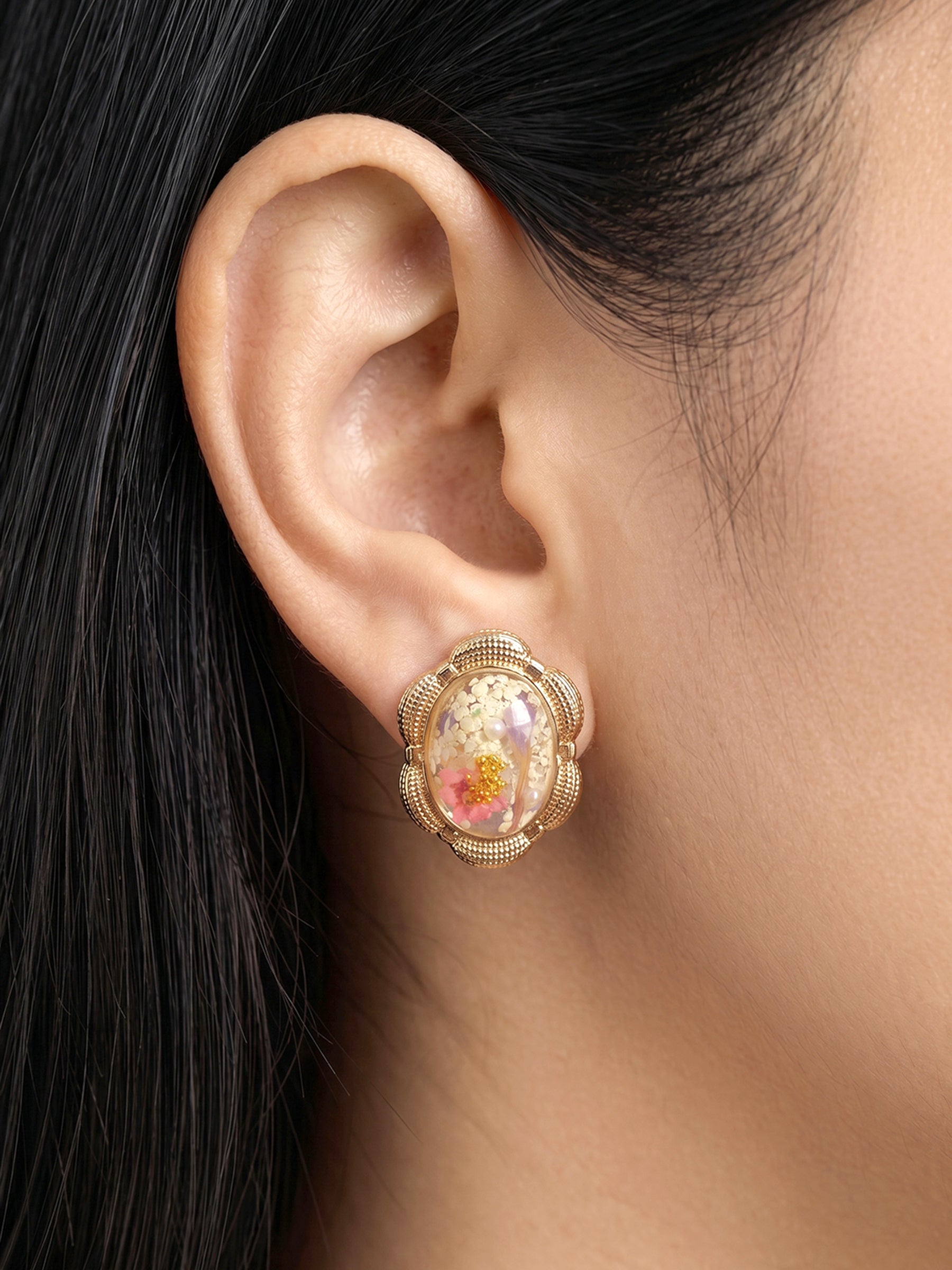 Elarose White Oval Resin Floral 18K Gold Plated Women's Stud Earrings