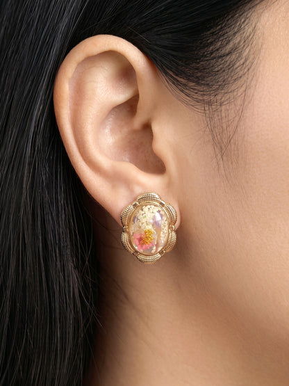 Elarose White Oval Resin Floral 18K Gold Plated Women's Stud Earrings