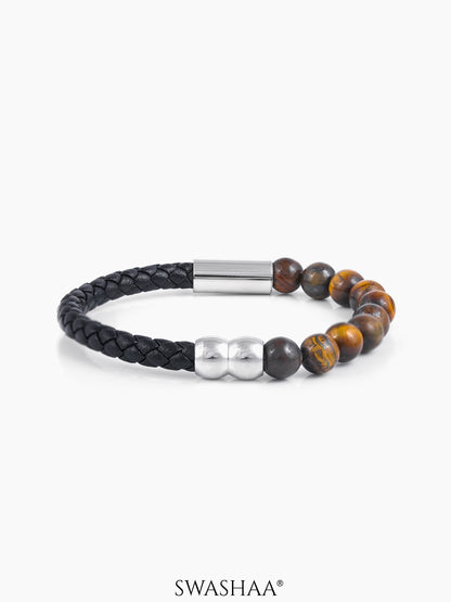 Elio Matte Black Braided Tiger Eye Beads Silver Men's Leather Bracelet