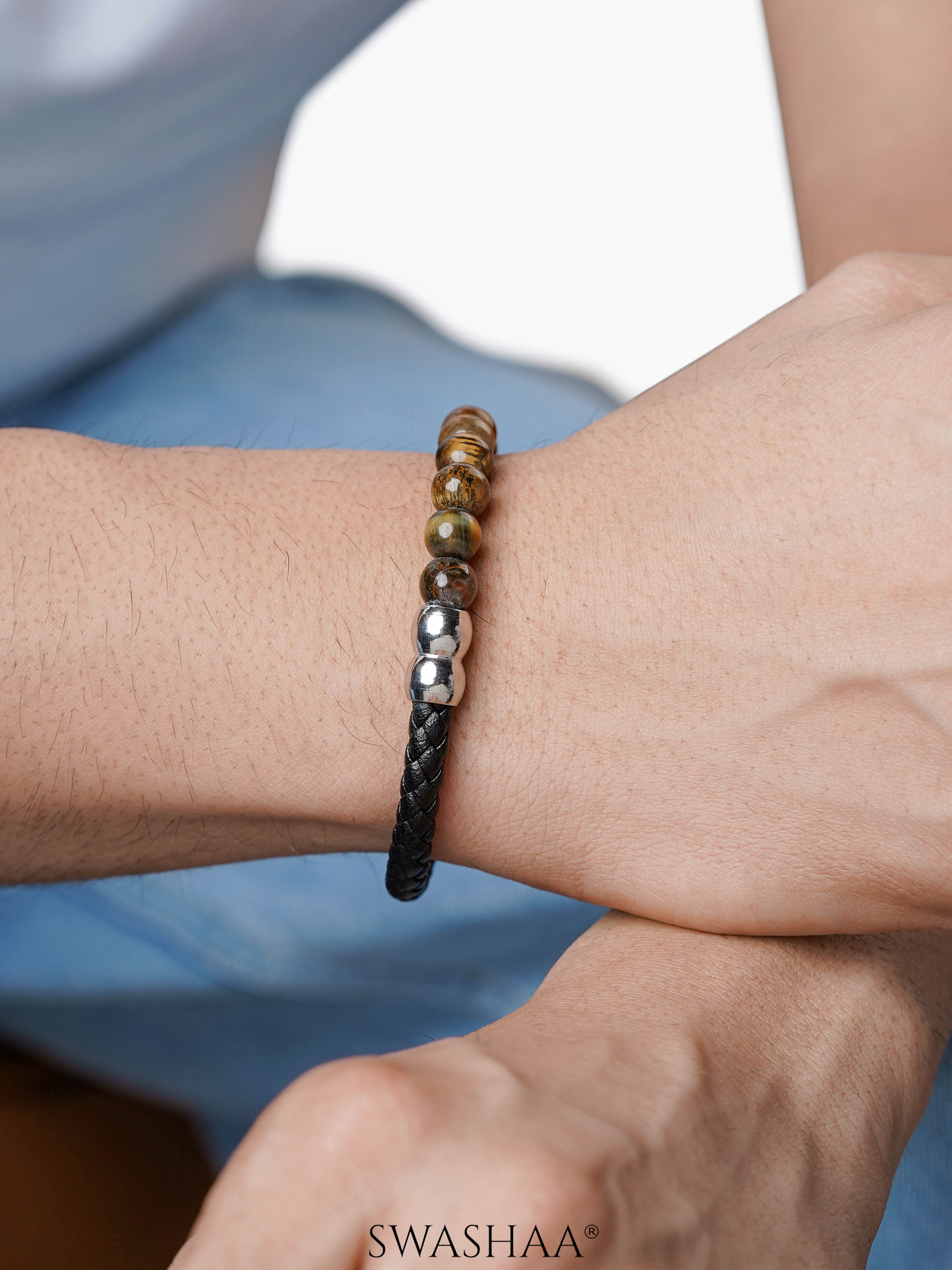 Elio Matte Black Braided Tiger Eye Beads Silver Men's Leather Bracelet