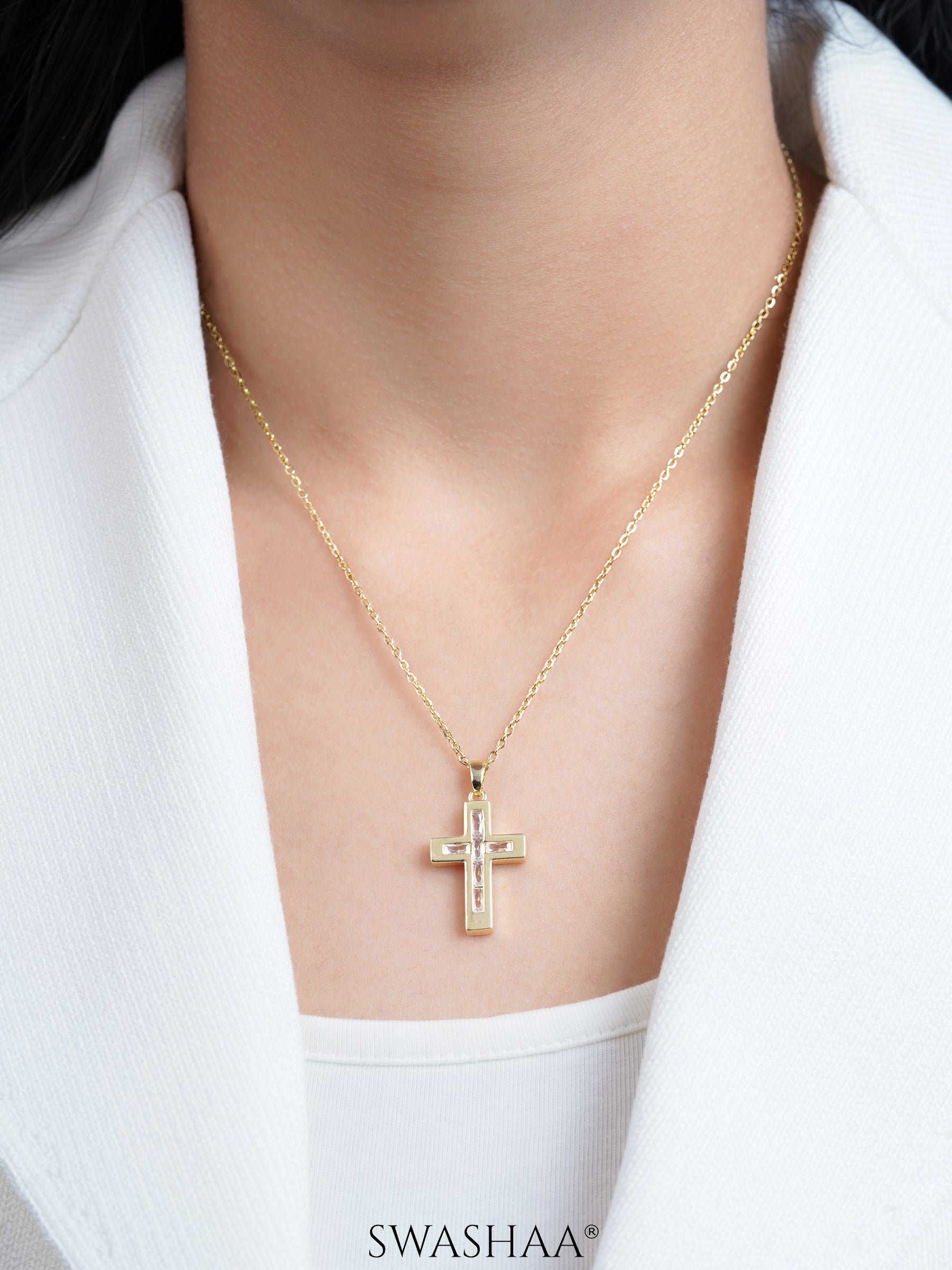 Elira Diamond Cross Baguette 14K Gold Necklace