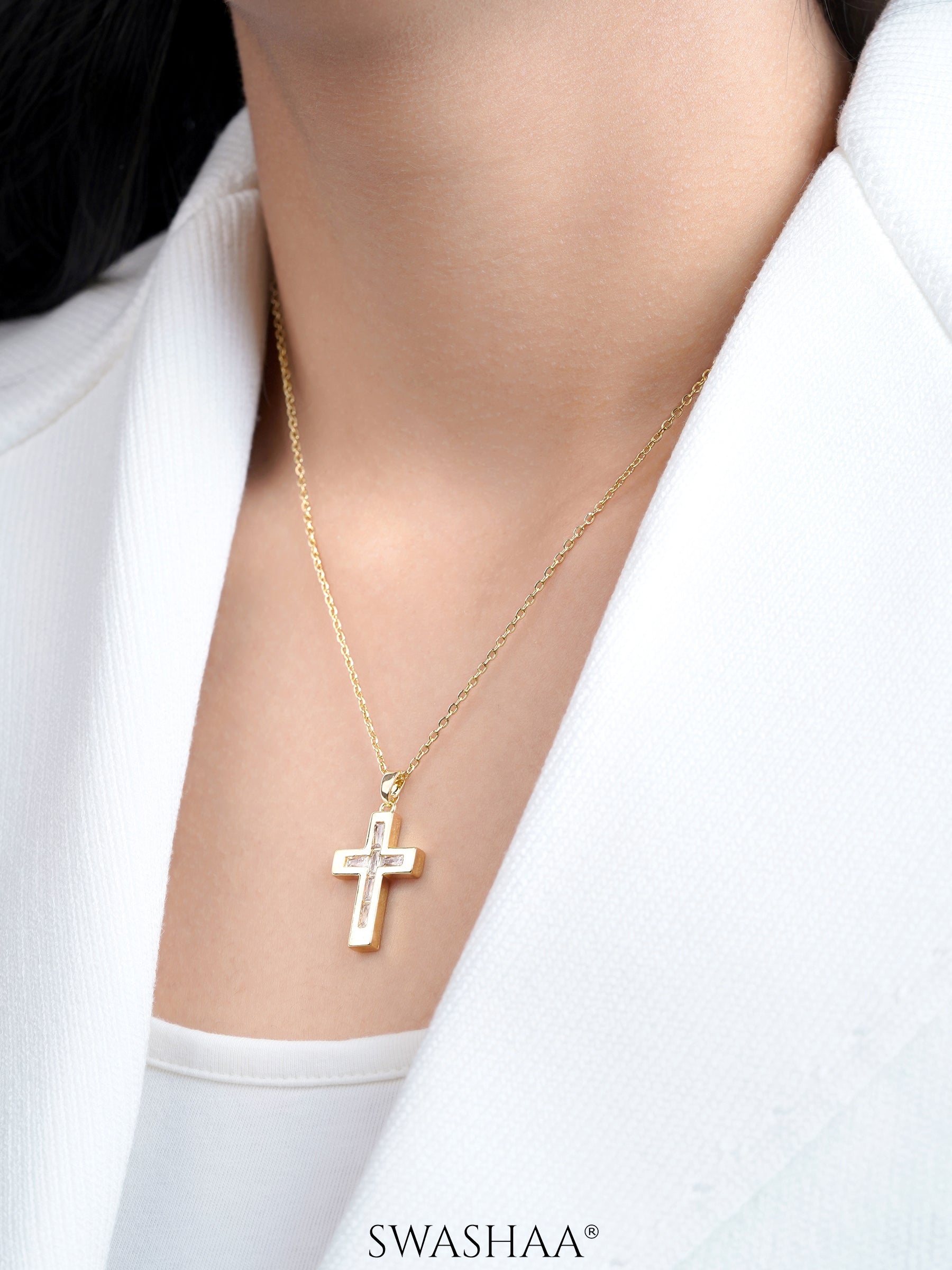 Elira Diamond Cross Baguette 14K Gold Necklace
