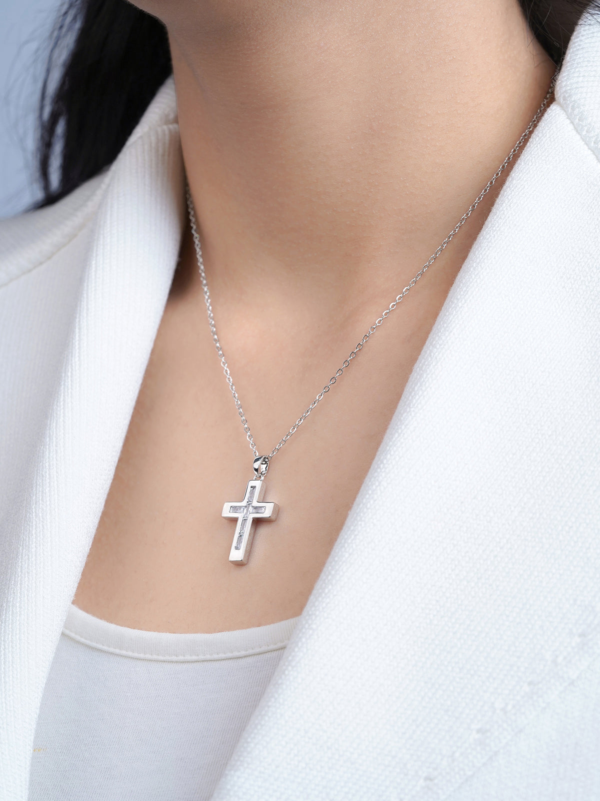 Elira Cross Baguette Silver Necklace