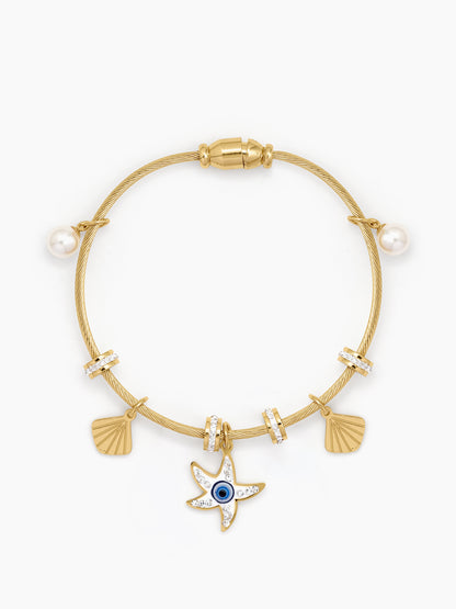 Elisha Evil Eye Starfish Diamond Pearl Charms 18K Gold Plated Women's Solid Band Bracelet