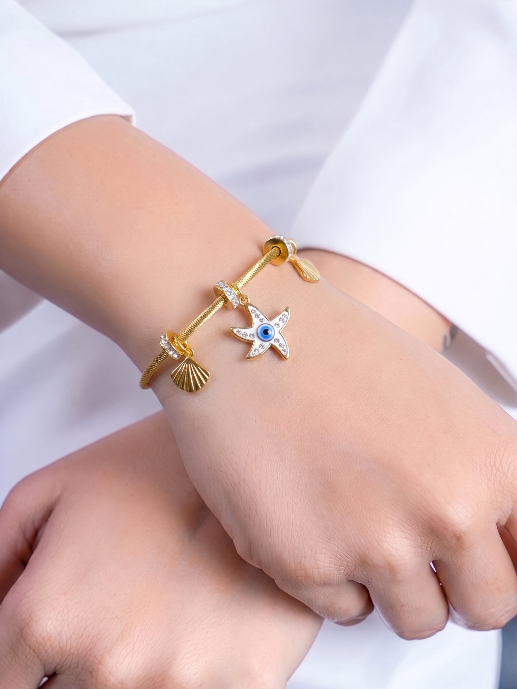 Elisha Evil Eye Starfish Diamond Pearl Charms 18K Gold Plated Women's Solid Band Bracelet