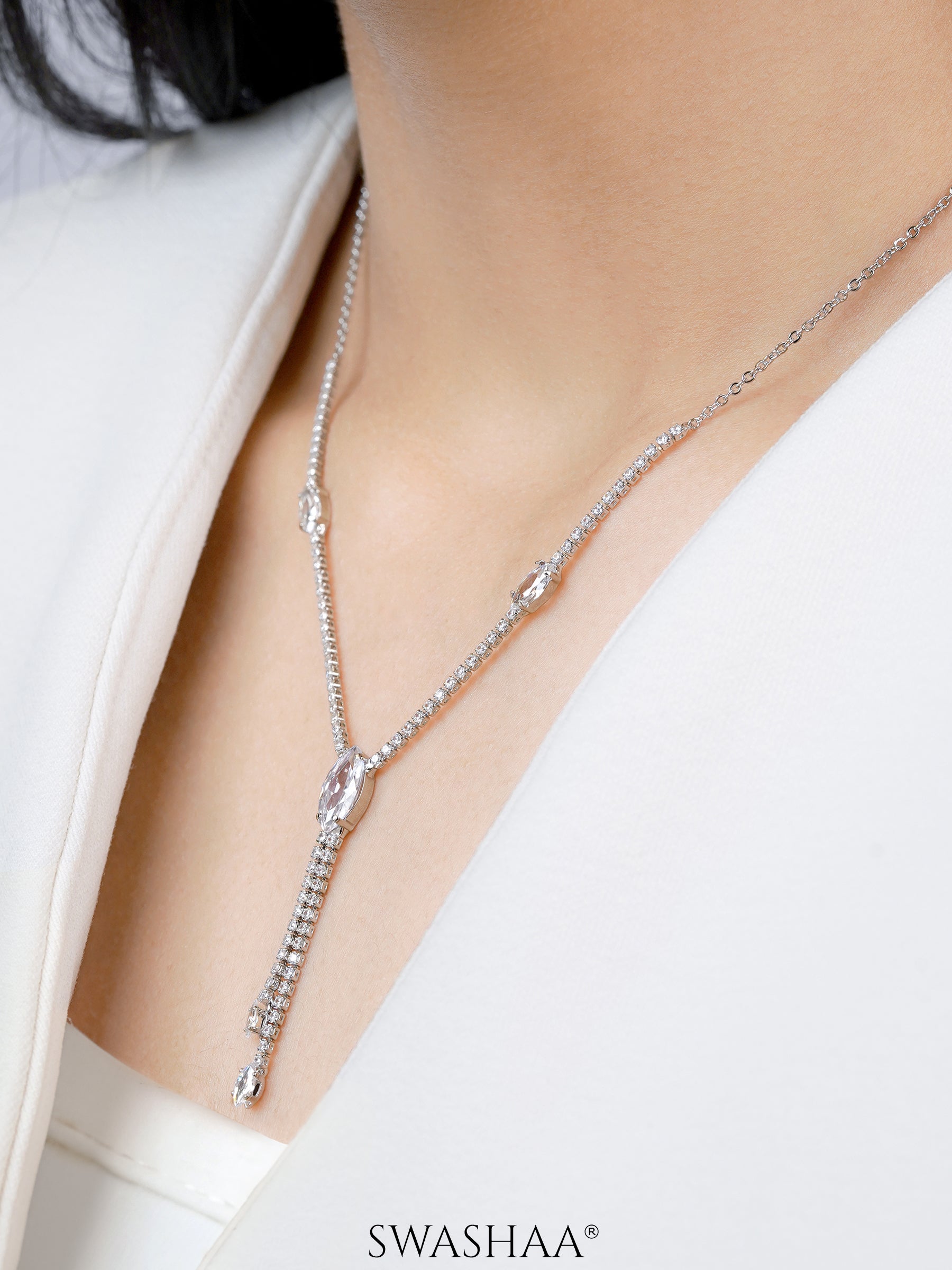 Elsie Oval Crystal Drop Y-shaped Chain Pendant Necklace 