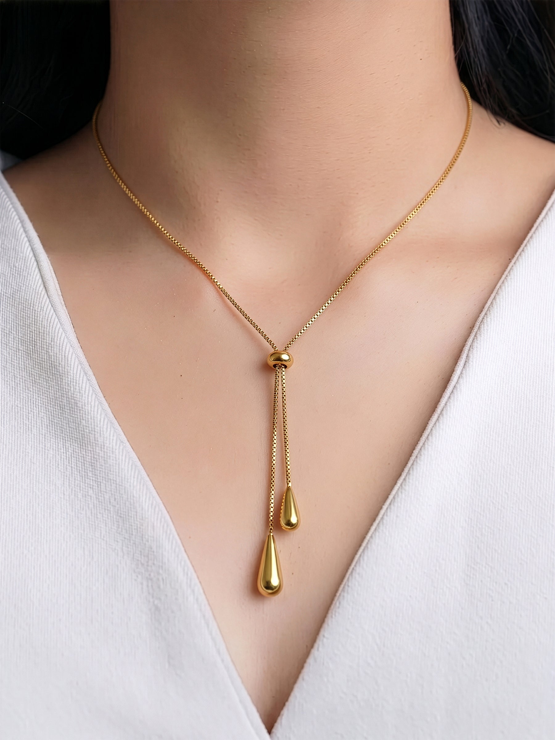 Elvara Y-Drop Teardrop Beads Y - Shape 18K Gold Plated Women's Layered Chain Pendant Necklace