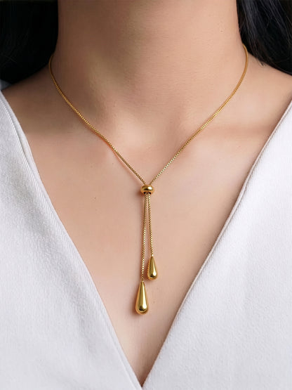 Elvara Y-Drop Teardrop Beads Y - Shape 18K Gold Plated Women's Layered Chain Pendant Necklace