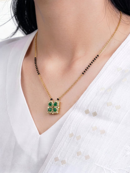 Emerald Shiny Clover Diamond Solitaire Green Heart Charm 18K Gold Plated Mangalsutra