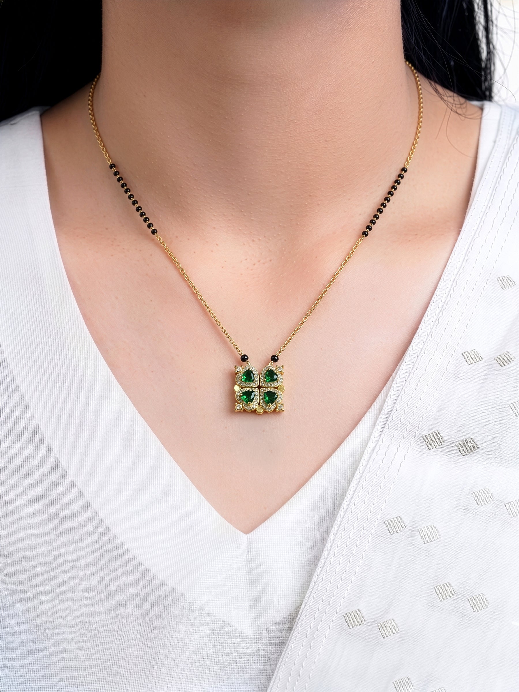 Emerald Shiny Clover Diamond Solitaire Green Heart Charm 18K Gold Plated Mangalsutra