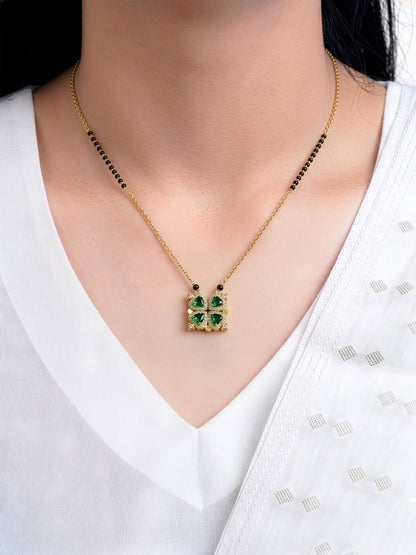 Emerald Shiny Clover Diamond Solitaire Green Heart Charm 18K Gold Plated Mangalsutra