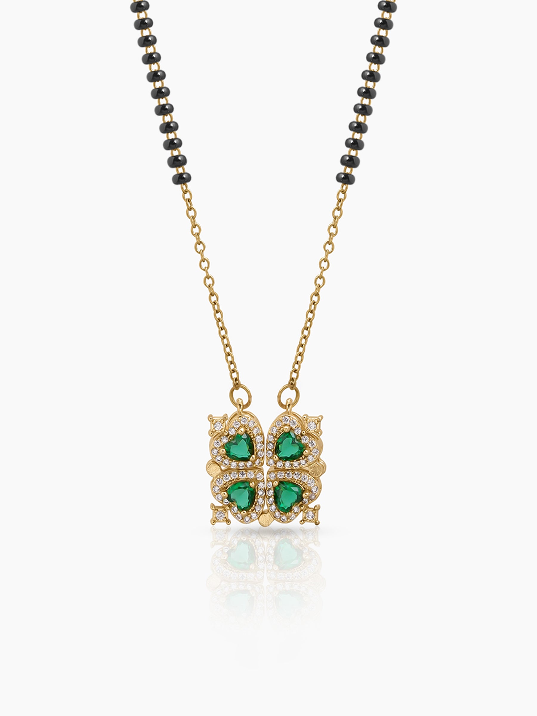 Emerald Shiny Clover Diamond Solitaire Green Heart Charm 18K Gold Plated Mangalsutra