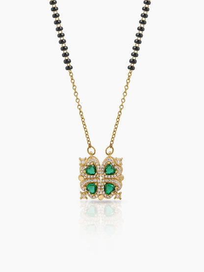 Emerald Shiny Clover Diamond Solitaire Green Heart Charm 18K Gold Plated Mangalsutra