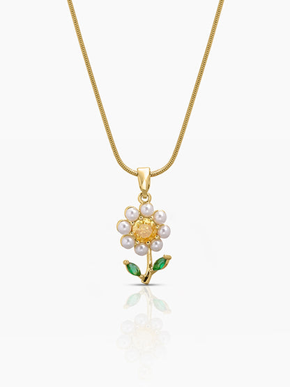 Emily Pearl a Floral Pendant With A Central Yellow,White.Green Stone 18K Gold Plated Flower Chain Pendant