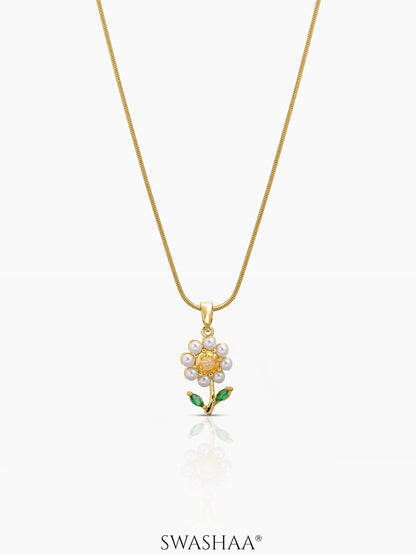Emily Pearl a Floral Pendant With A Central Yellow,White.Green Stone 18K Gold Plated Flower Chain Pendant