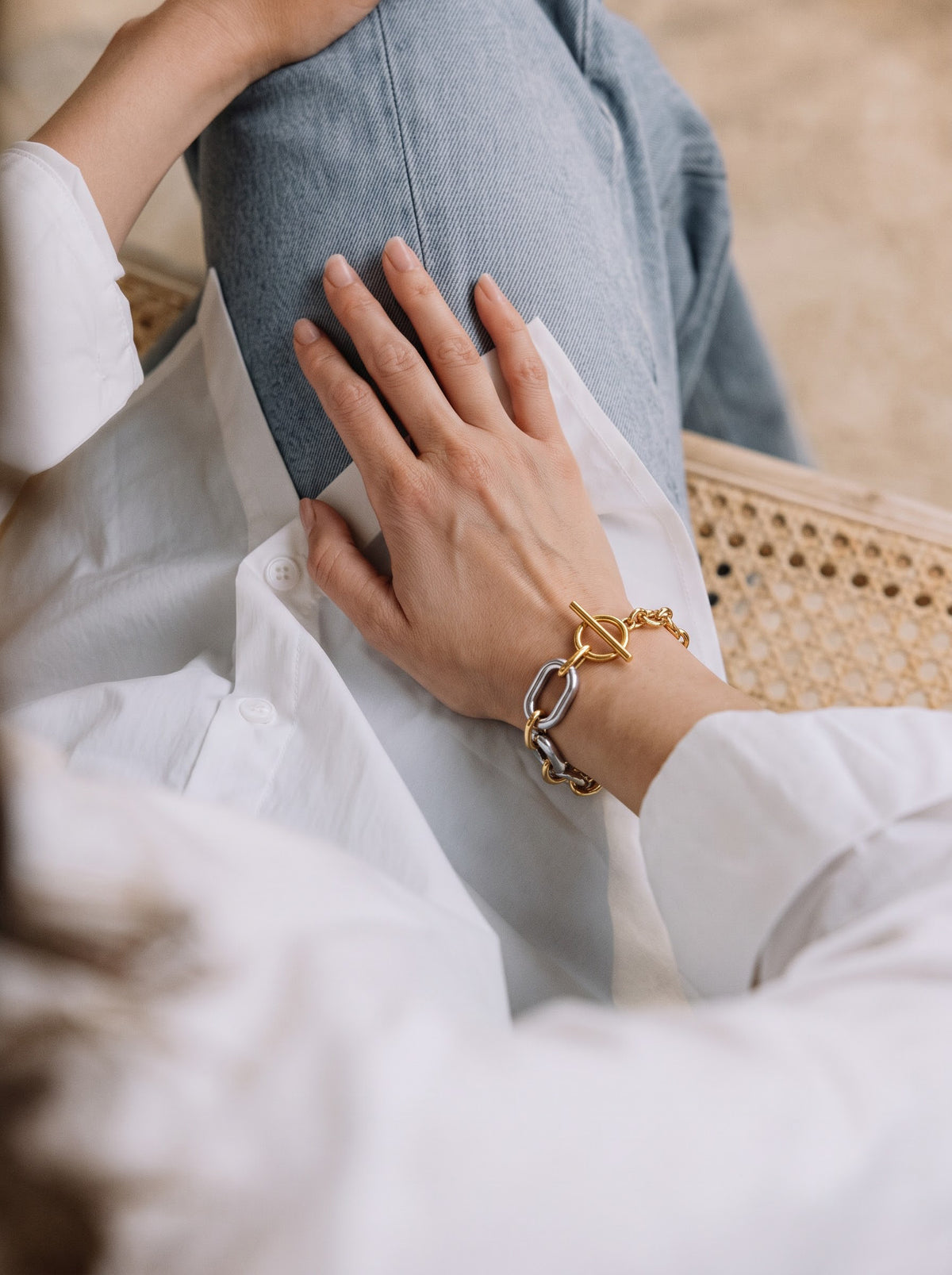 Erien Dual Tone 18K Gold - Silver Link Women's Loose Chain Bracelet