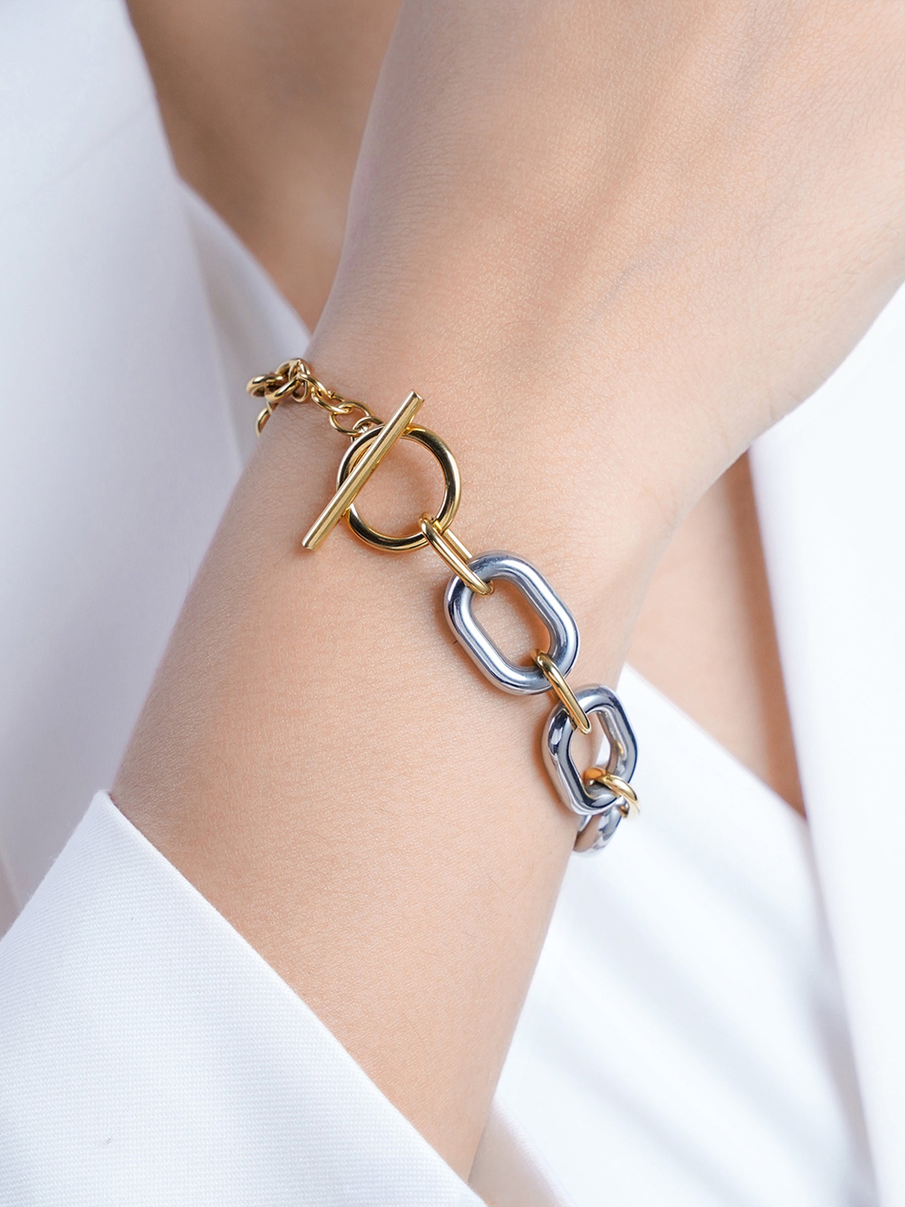Erien Dual Tone 18K Gold - Silver Link Women's Loose Chain Bracelet