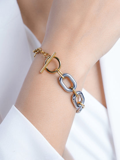 Erien Dual Tone 18K Gold - Silver Link Women's Loose Chain Bracelet