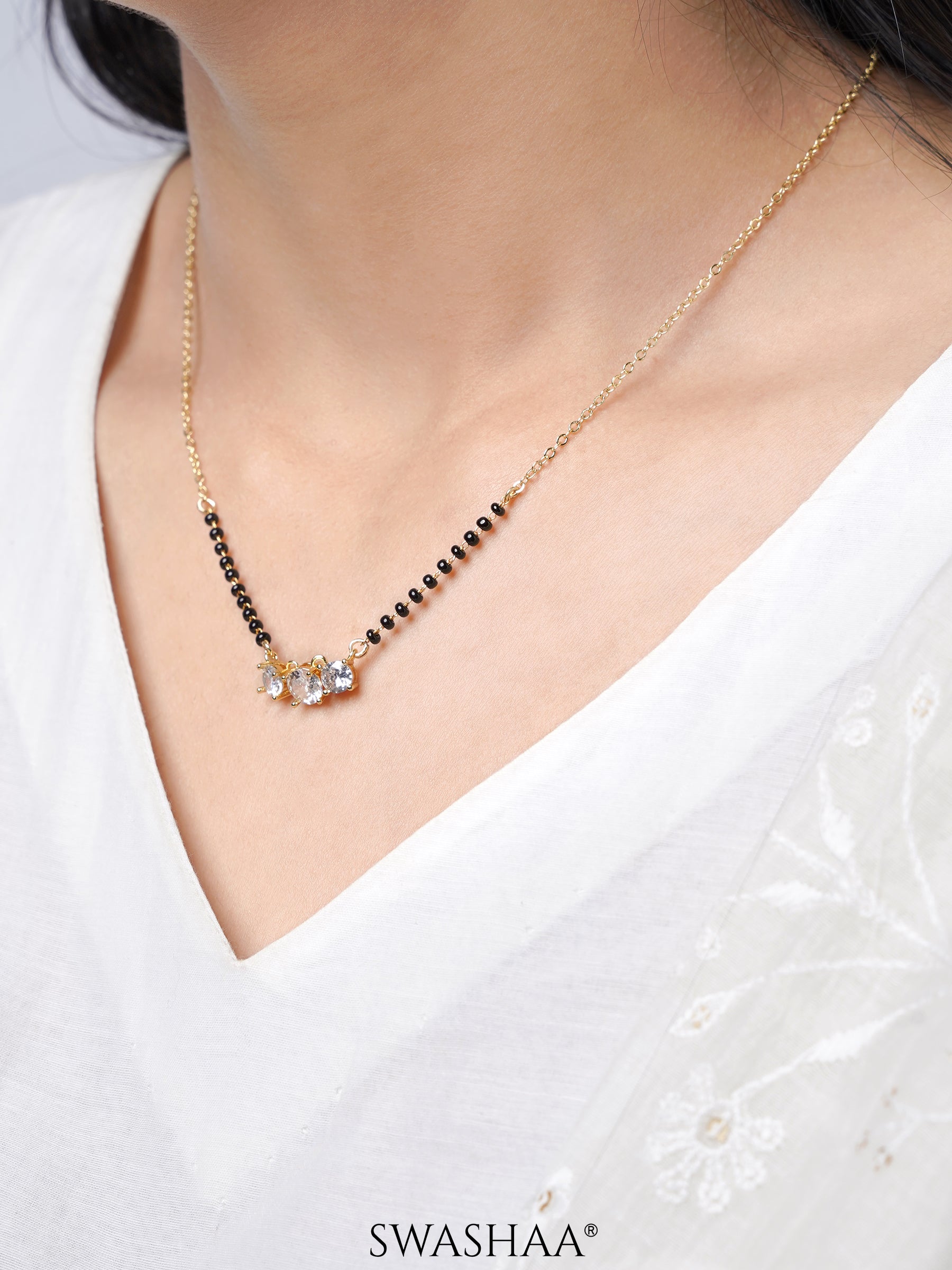 Esha Three Diamond Solitaire 14K Gold Plated Mangalsutra