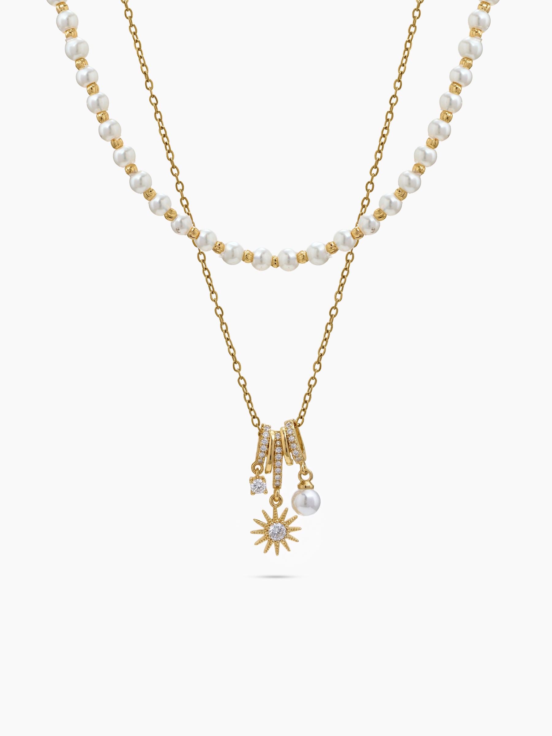 Estella Pearl Beads Diamond Solitaire Sun Charms 18K Gold Plated Layered Necklaces