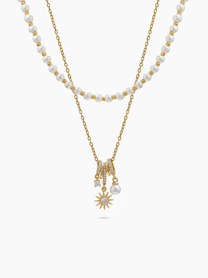 Estella Pearl Beads Diamond Solitaire Sun Charms 18K Gold Plated Layered Necklaces
