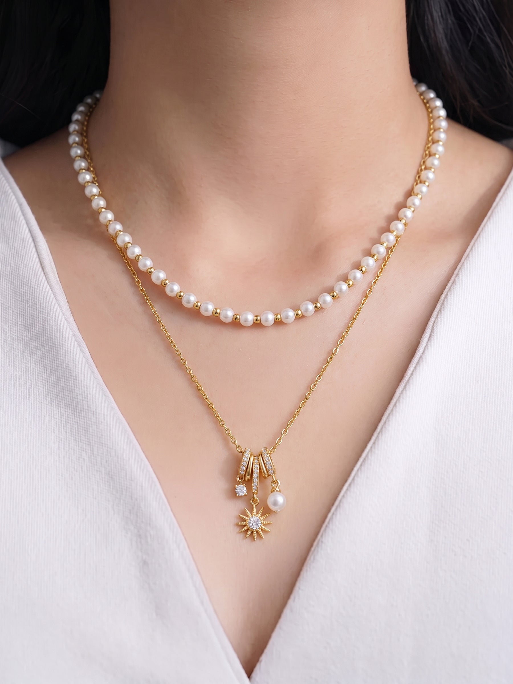 Estella Pearl Beads Diamond Solitaire Sun Charms 18K Gold Plated Layered Necklaces