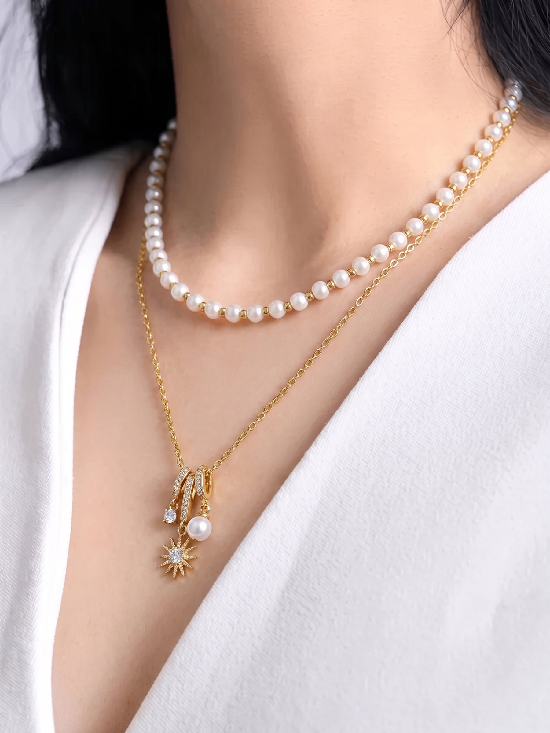 Estella Pearl Beads Diamond Solitaire Sun Charms 18K Gold Plated Layered Necklaces