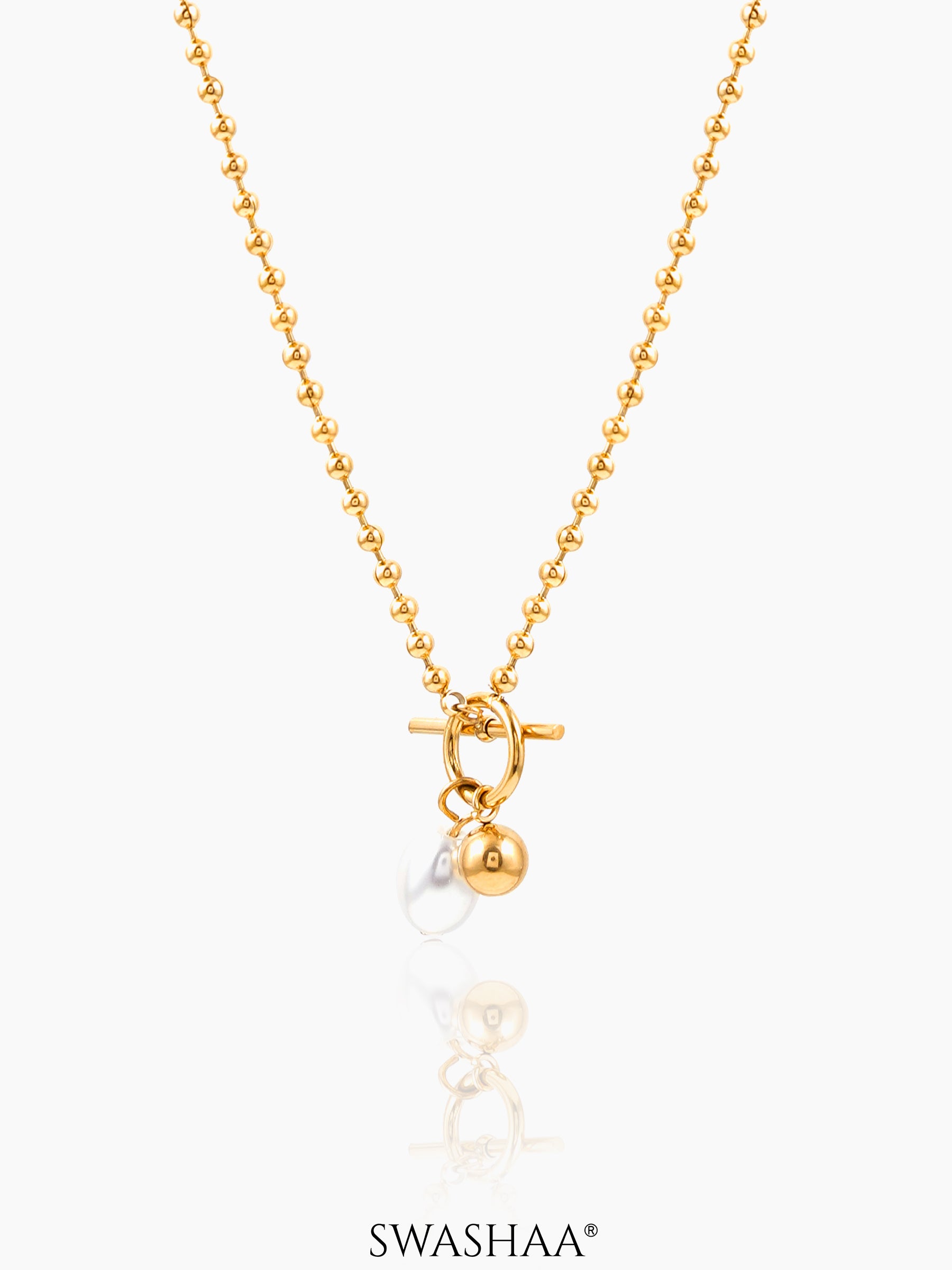 Evie Pearl Charm Toggle Clasp Gold Beads 18K Gold Plated Chain Pendant Necklace