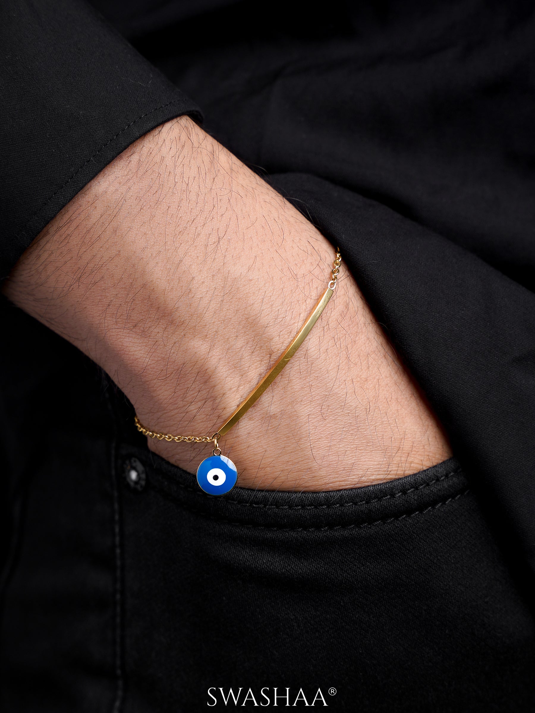 Evil Eye Blue Dangling 18K Gold Plated Bar Men's Bracelet