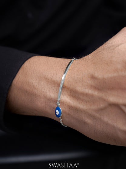 Evil Eye Blue Dangling Bar Silver Men's Bracelet