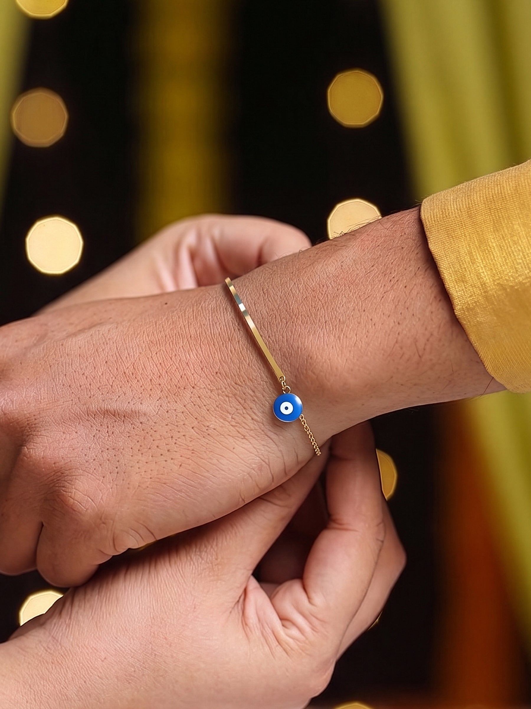 Evil Eye Blue Dangling 18K Gold Plated Bar Men's Bracelet