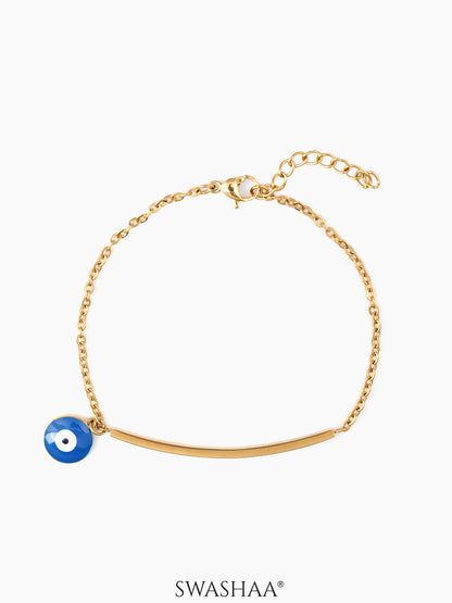 Evil Eye Blue Dangling 18K Gold Plated Bar Men's Bracelet