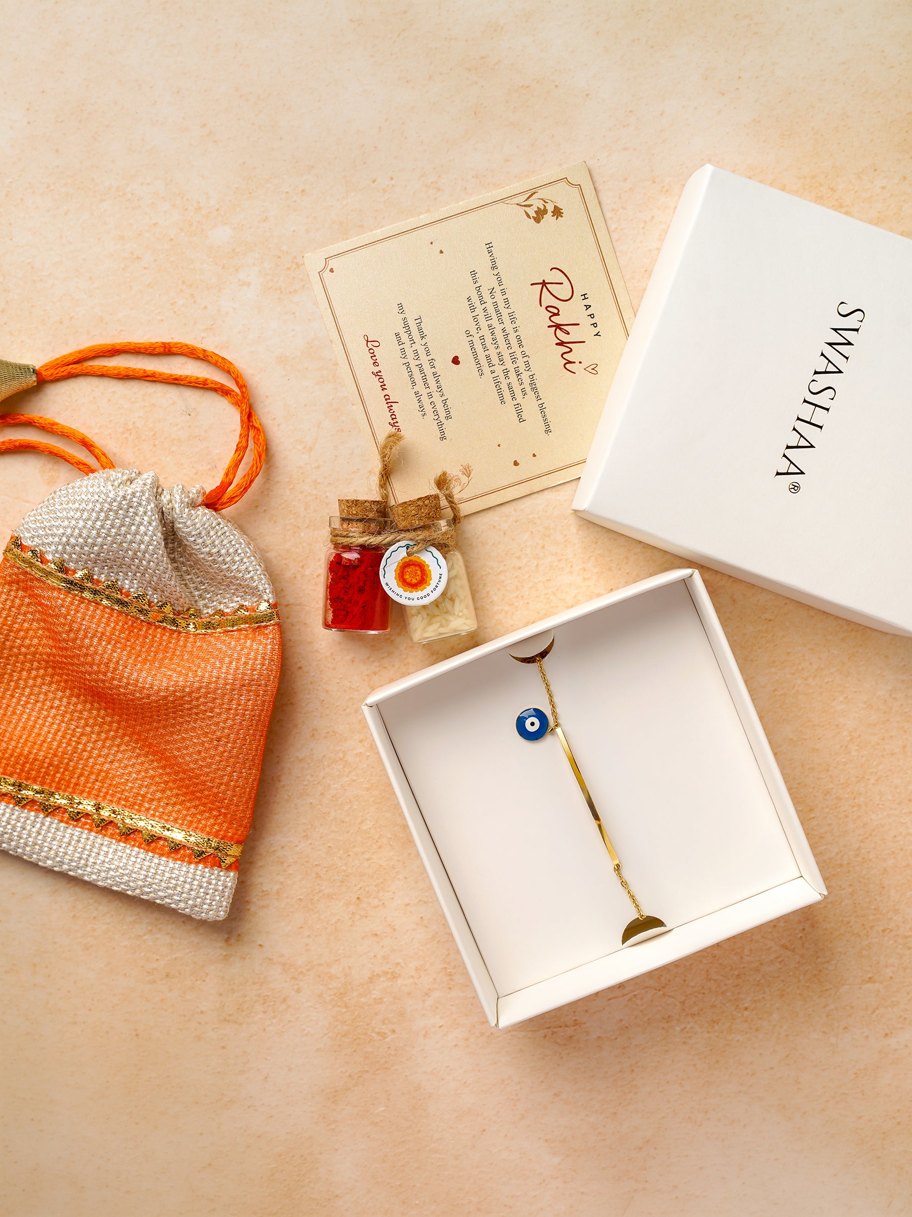 Evil Eye Blue Dangling 18K Gold Plated Bar Rakhi