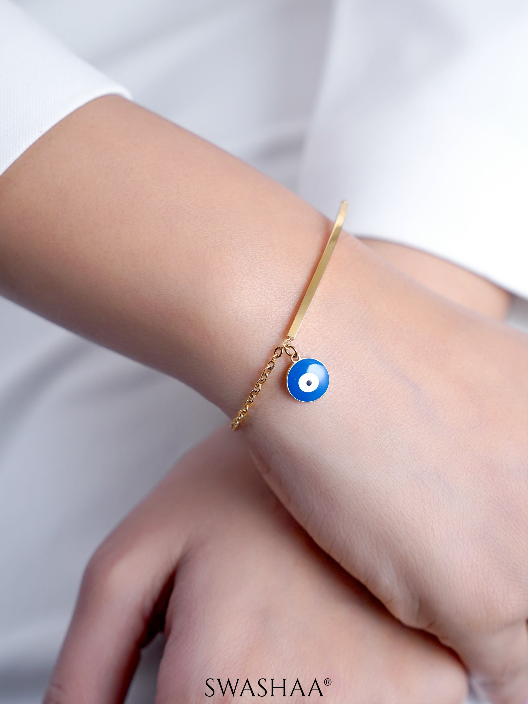 Evil Eye Blue Dangling 18K Gold Plated Bar Men's Bracelet